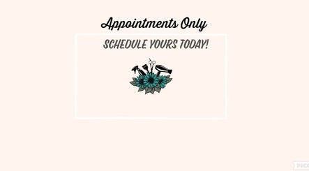 Appointments-only schedule sign at Shears in Duncanville, Texas, US, featuring floral and salon tool design.