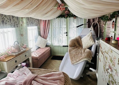 Luxurious massage room at Serenity View Massage & Beauty, Ashbourne, England, GB, with elegant decor.