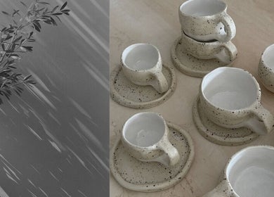 Artisan teacups with speckled finish on display at The Calii, Wollongong, New South Wales, AU.