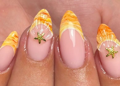 Vibrant orange sunset nail art at Rachael Maria Artistry, Belfast, Northern Ireland, GB