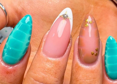 Elegant manicured nails with unique designs at Rachael Maria Artistry in Belfast, Northern Ireland, GB.