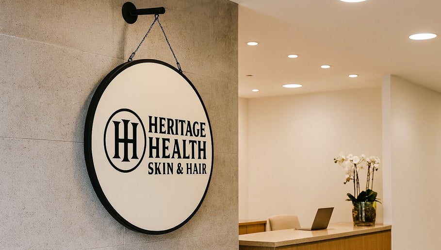 Entrance sign of Heritage Health Skin & Hair, a premier wellness venue in London, England, GB.