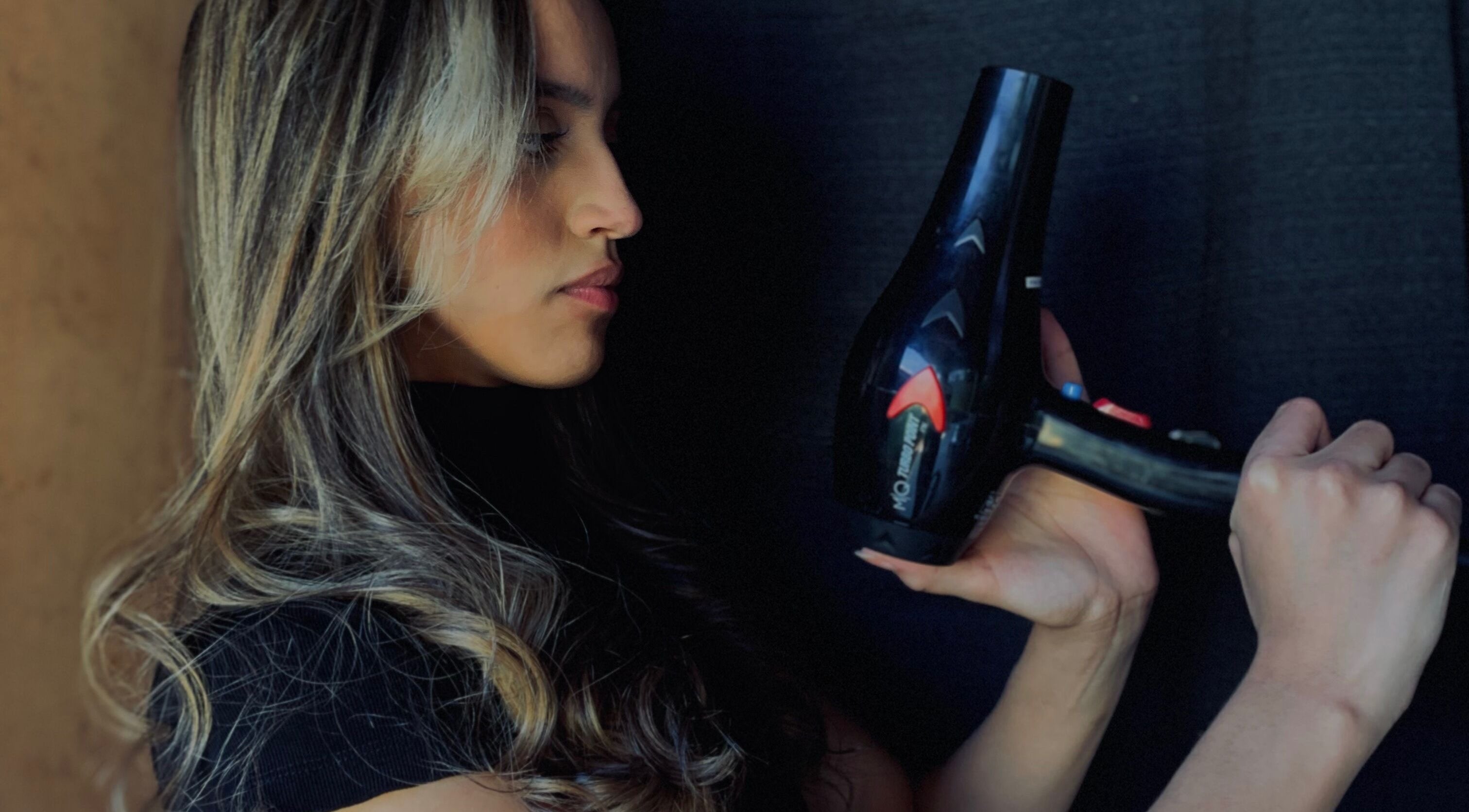 Profissional estilizando cabelo com secador no Fios de Seda, Goiás, Goiás, BR.