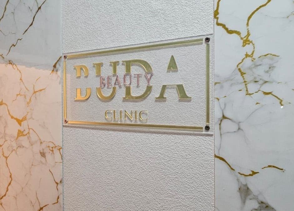 Buda Beauty's elegant signage on marble wall in Shildon, England, GB.