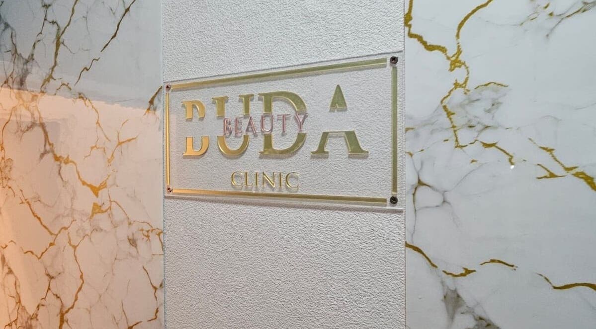 Buda Beauty's elegant signage on marble wall in Shildon, England, GB.