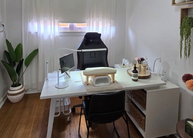 Chic nail station at Gel Ave. in Highett, Victoria, AU featuring modern decor and beauty products.