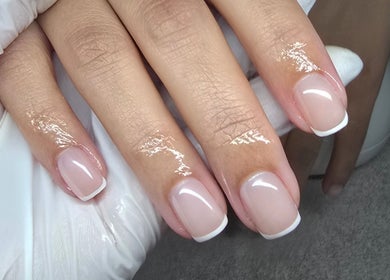 Manicured nails with a French tip design at Gel Ave., Highett, Victoria, AU.