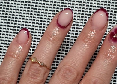 Elegant floral nail art with burgundy tips at Gel Ave., Highett, Victoria, AU.