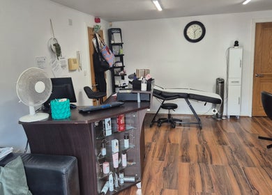 Interior of Hair Flair, Sheffield, England, featuring a stylish reception and treatment area.