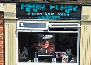Exterior view of Hair Flair salon, Sheffield, England, GB showcasing modern unisex style.