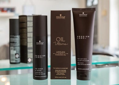 Luxury haircare products on display at Valencia Salon in Newcastle upon Tyne, England, GB.
