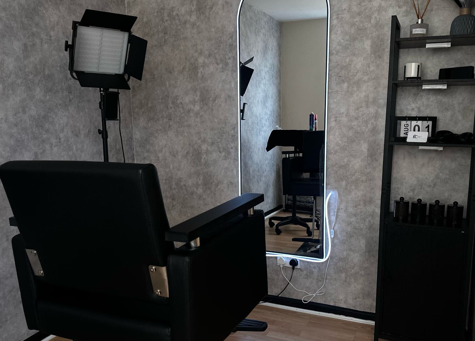 Chic styling chair and mirror setup at Twocees Cuts, Stoke-on-Trent, England, GB