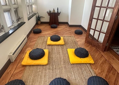 Meditation room with cushions at Cynergi Healing Center, Worcester, Massachusetts, US.