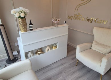 Luxurious reception at Roxystudio Nails in London, England, GB with chic decor and a plush chair.