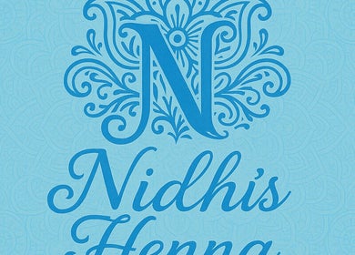 Nidhis Henna Coventry logo on a blue ornate background, representing the beauty venue in Coventry, England, GB.