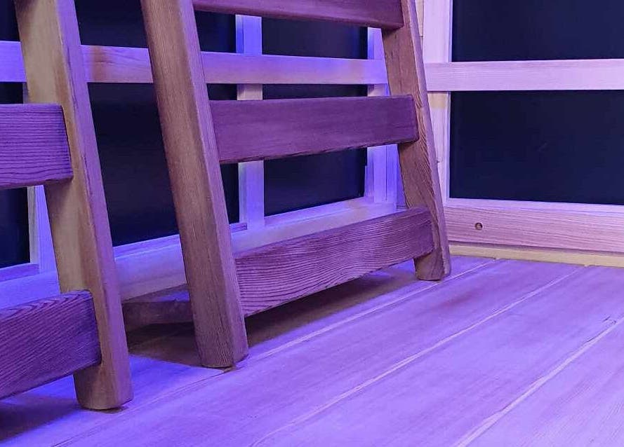 Wooden sauna interior at Sauna, Compression Boots, Cold Plunge, Chatsworth, Queensland, AU.