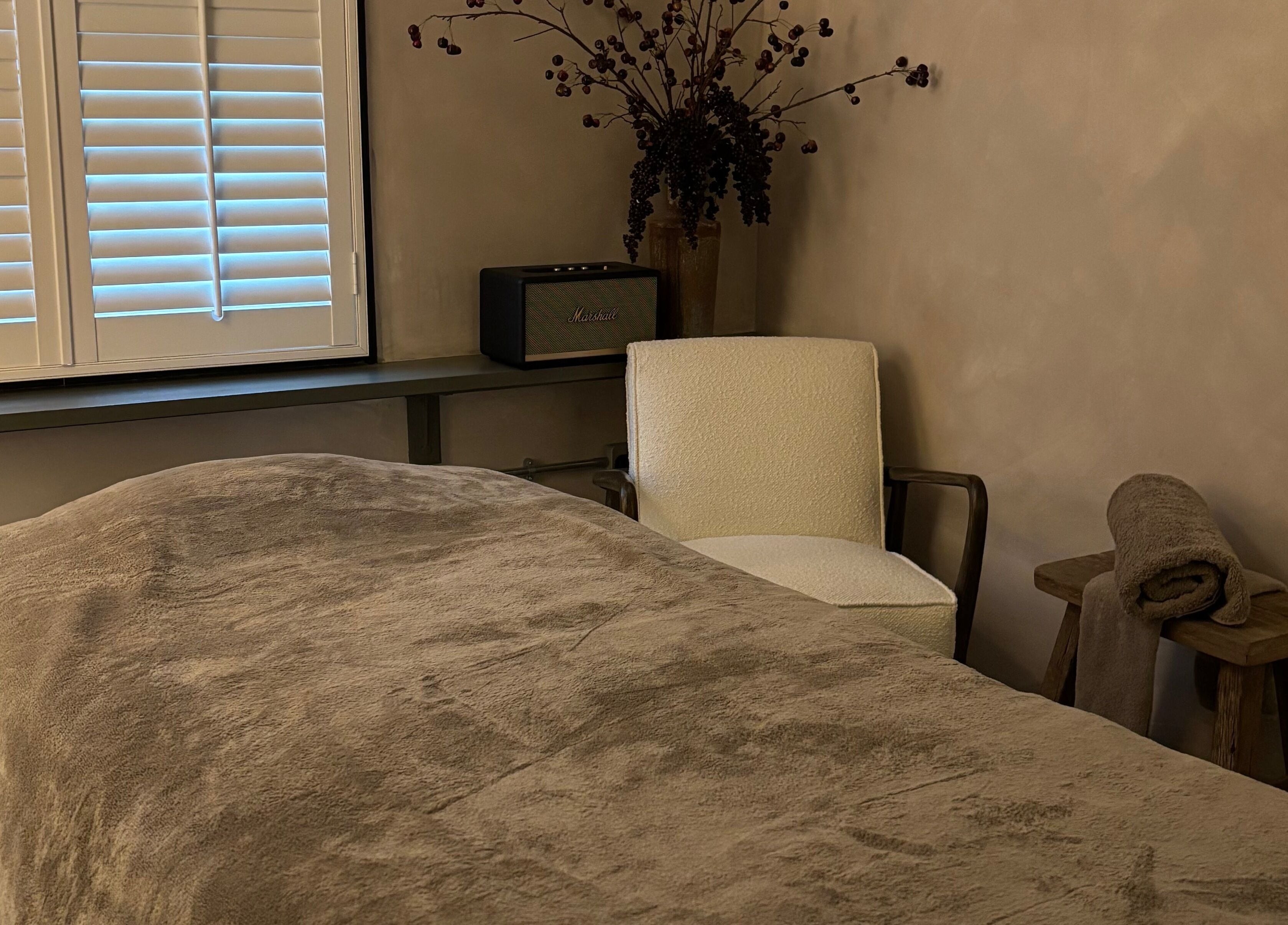 Relaxing treatment room at Elaine Sadler Skin Health in Warwick, England, GB with plush bed and decor.