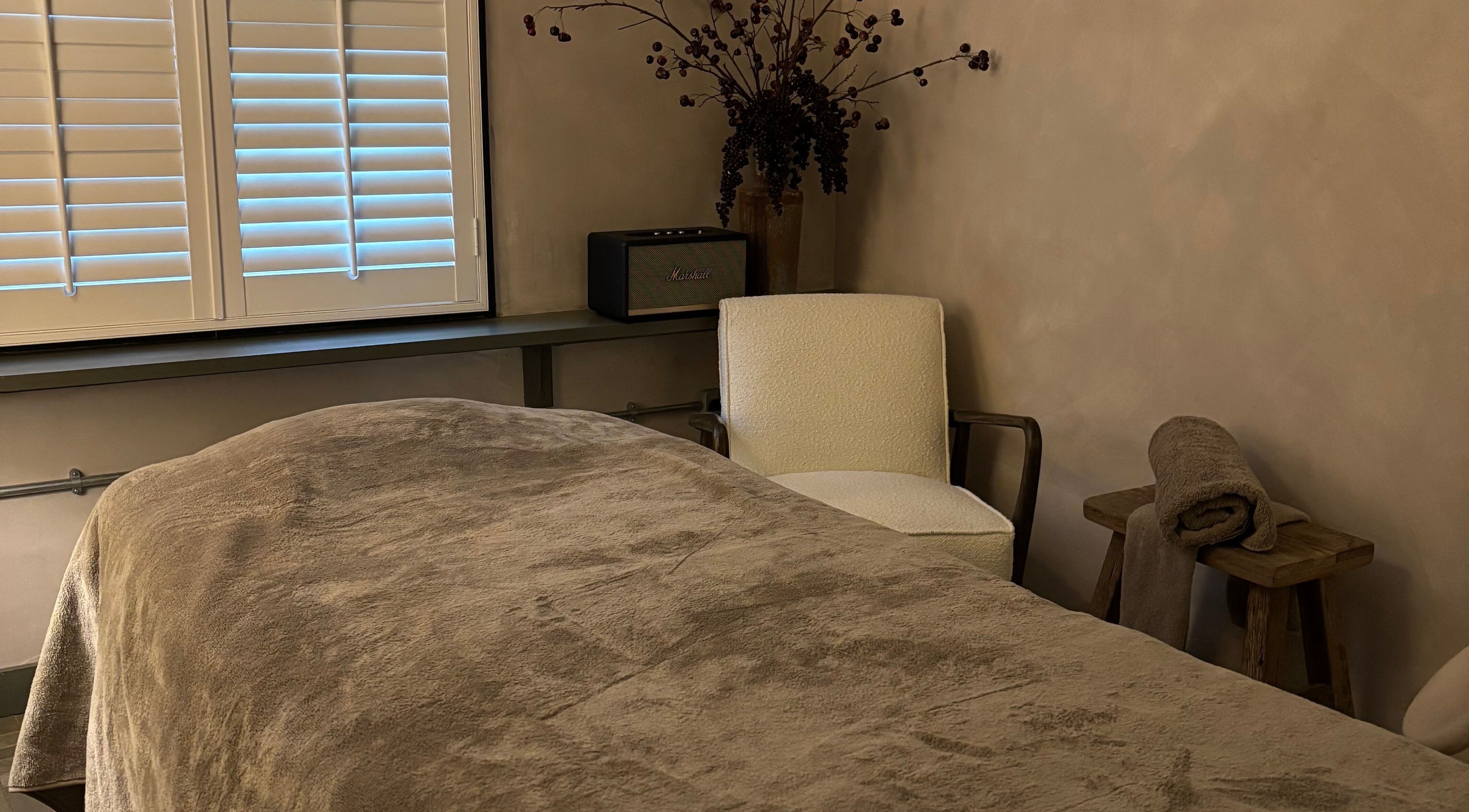 Relaxing treatment room at Elaine Sadler Skin Health in Warwick, England, GB with plush bed and decor.