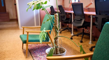 Welcoming office space at South London Chiropractic: East Dulwich, London, England, GB with green chairs and a plant.