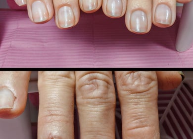 Before and after nail care at Sunshine Nail Studio, Raunds, England, GB showcasing manicured nails.
