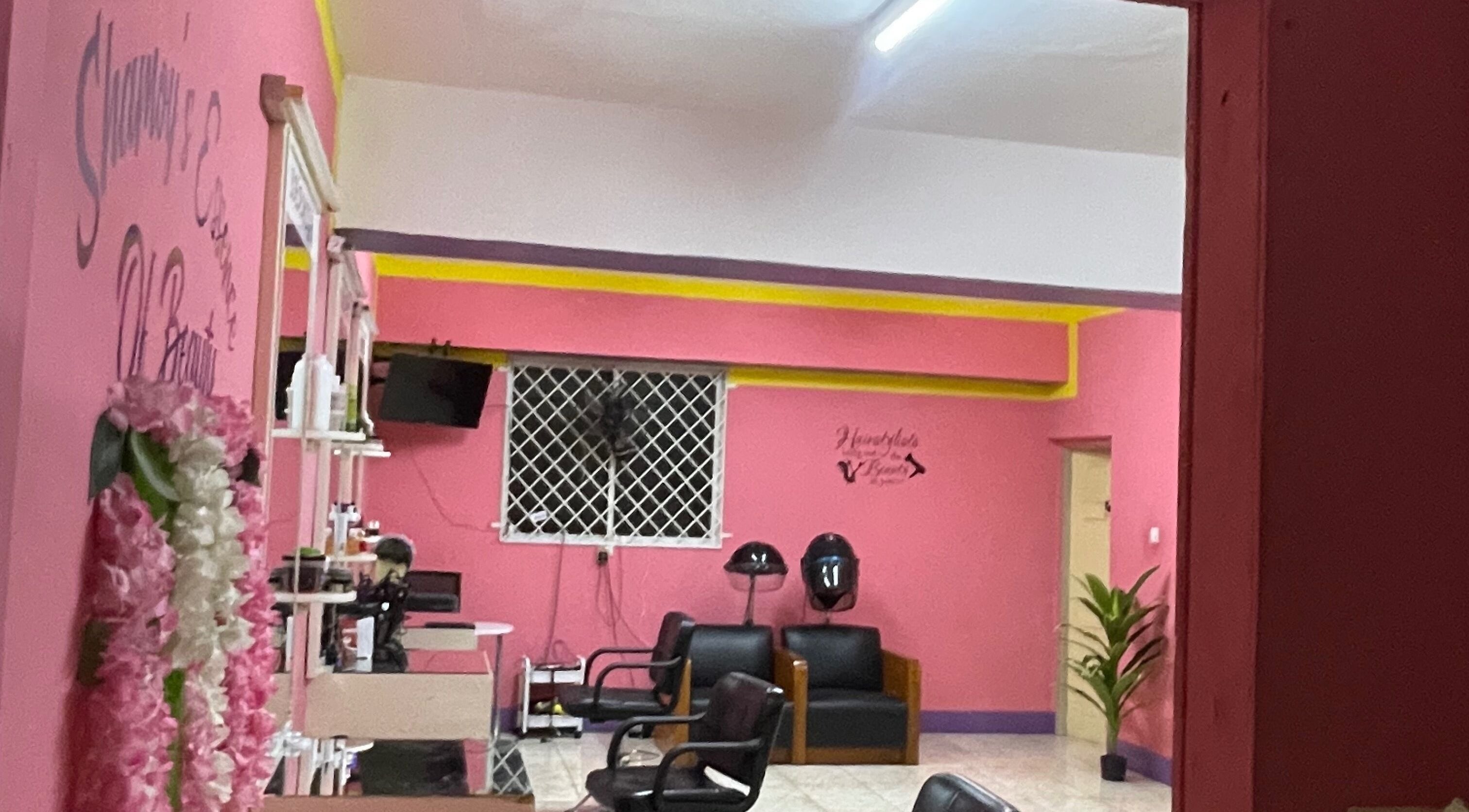 Interior of Shamoy’s Essence of Beauty Salon, Montego Bay, St. James Parish, JM with vibrant pink walls and seating.