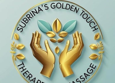 Logo of Subrina’s Golden Touch therapeutic massage, Kingston, St. Andrew Parish, JM with golden hands and leaves.