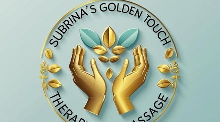 Logo of Subrina’s Golden Touch therapeutic massage, Kingston, St. Andrew Parish, JM with golden hands and leaves.