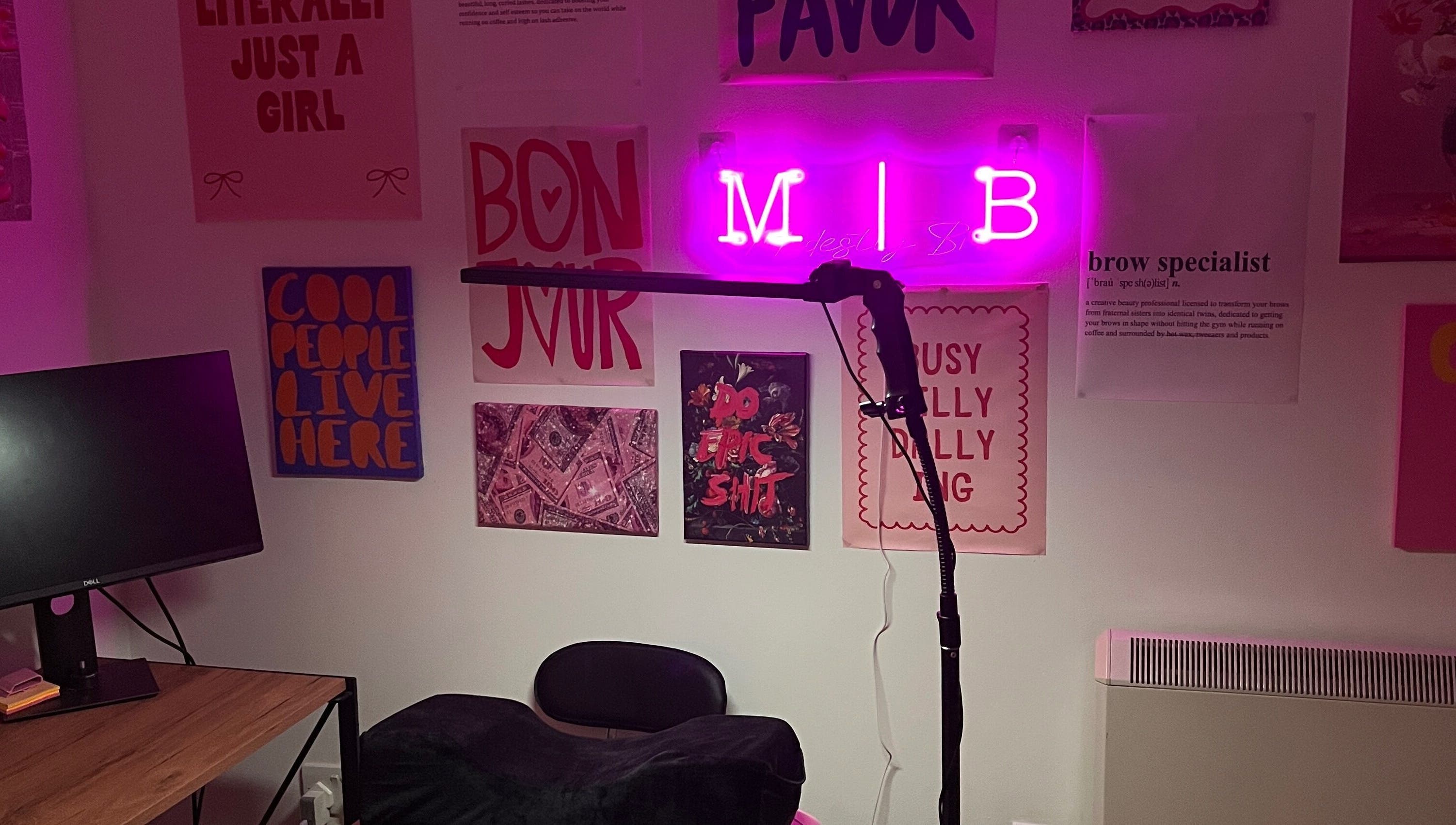 Modestly Brow decor with neon sign and artwork in Manchester, England, GB.