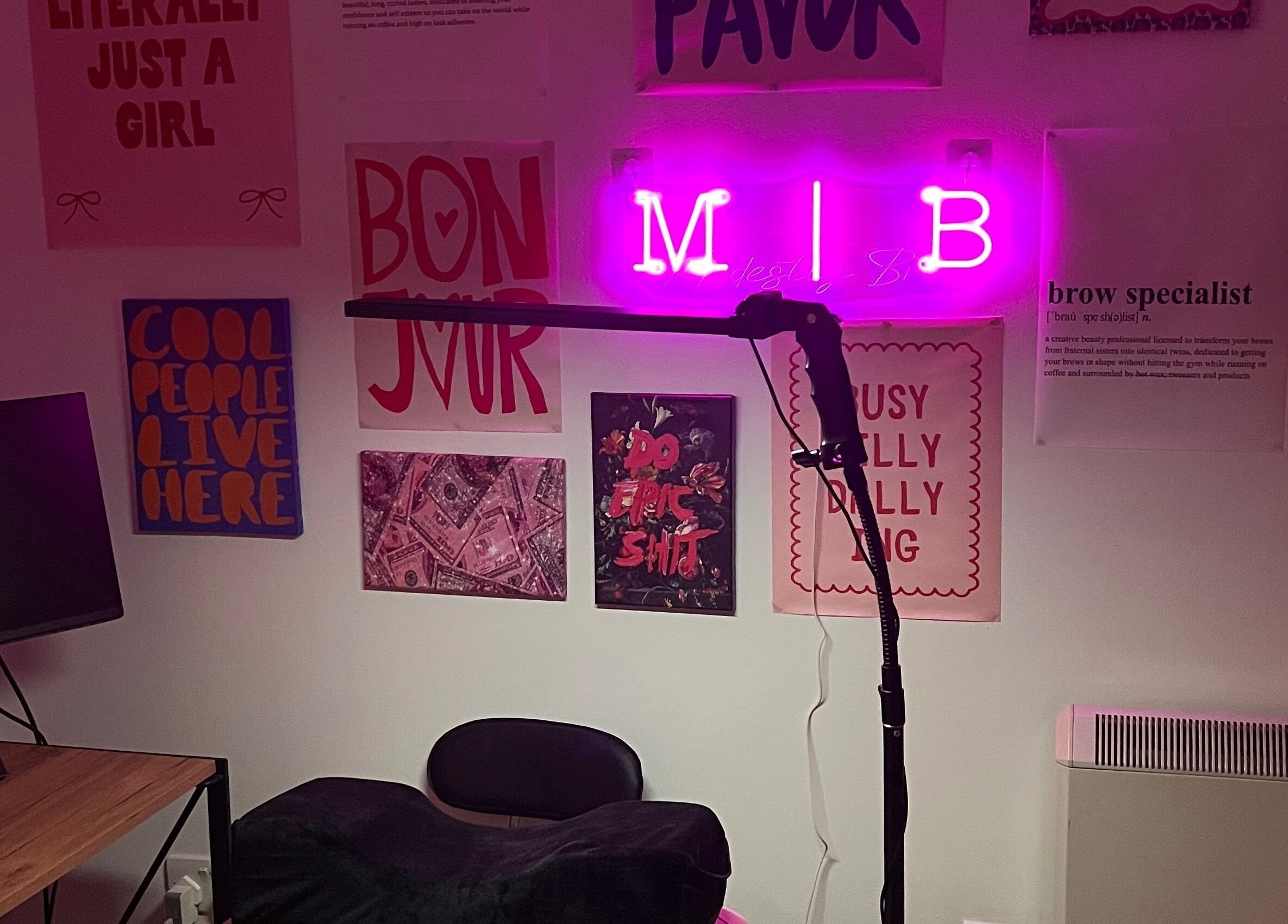Modestly Brow decor with neon sign and artwork in Manchester, England, GB.