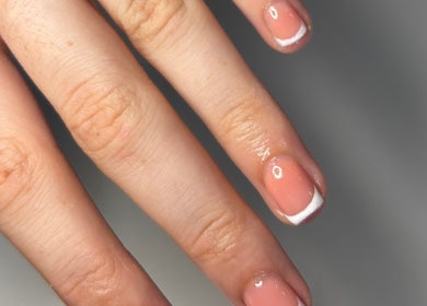 French manicure close-up at Amelia BagnallBeauty, Shifnal, England, GB.