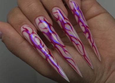 Stunning flame nail art at Nailigion, Cluj-napoca, Județul Cluj, RO, showcasing vibrant pink and purple designs.