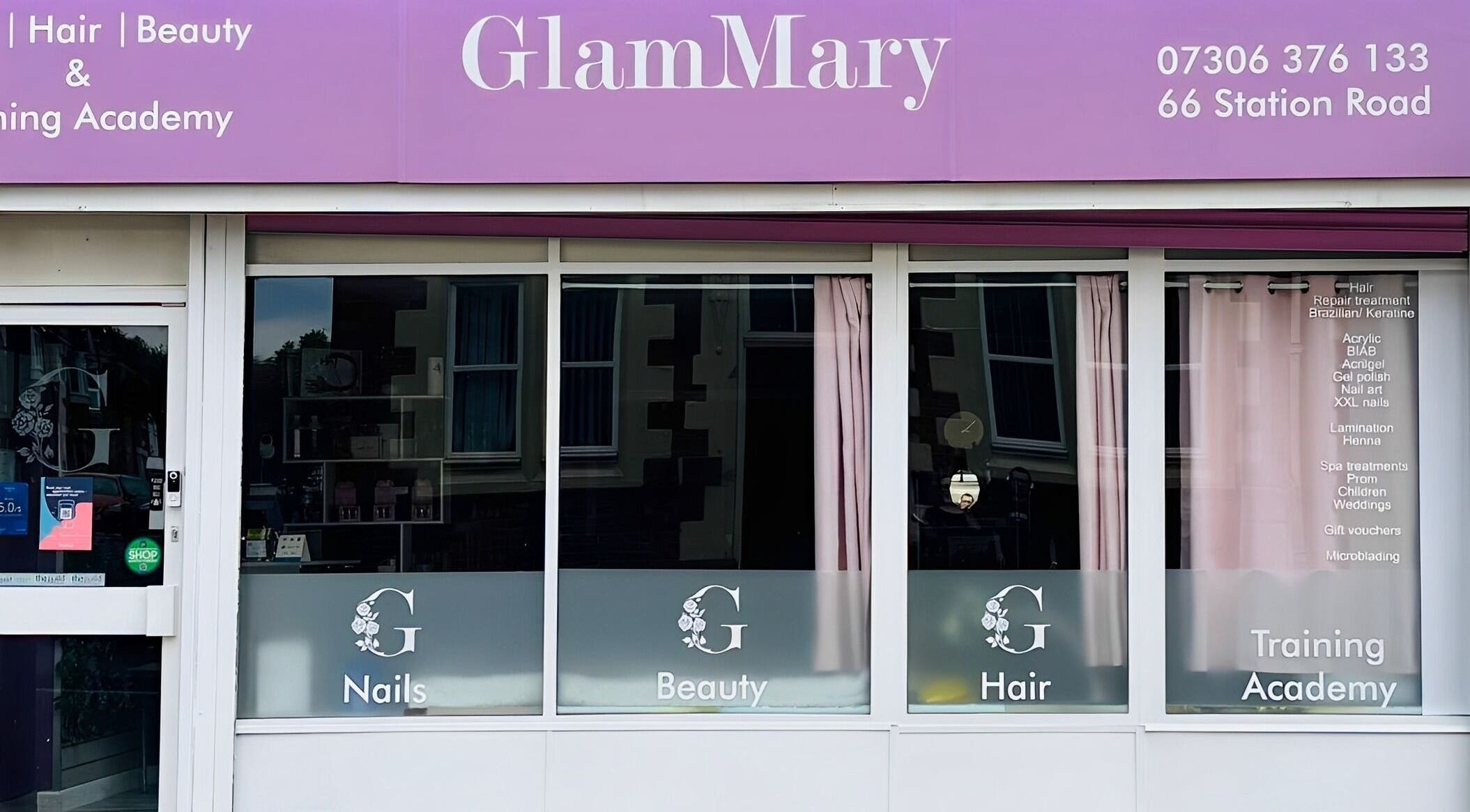 Front view of GlamMary beauty salon in Wallsend, England, GB featuring hair and beauty services.