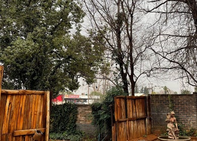 Serenity Spa's peaceful courtyard in Kuruman, Northern Cape, ZA, with lush trees and a charming garden statue.