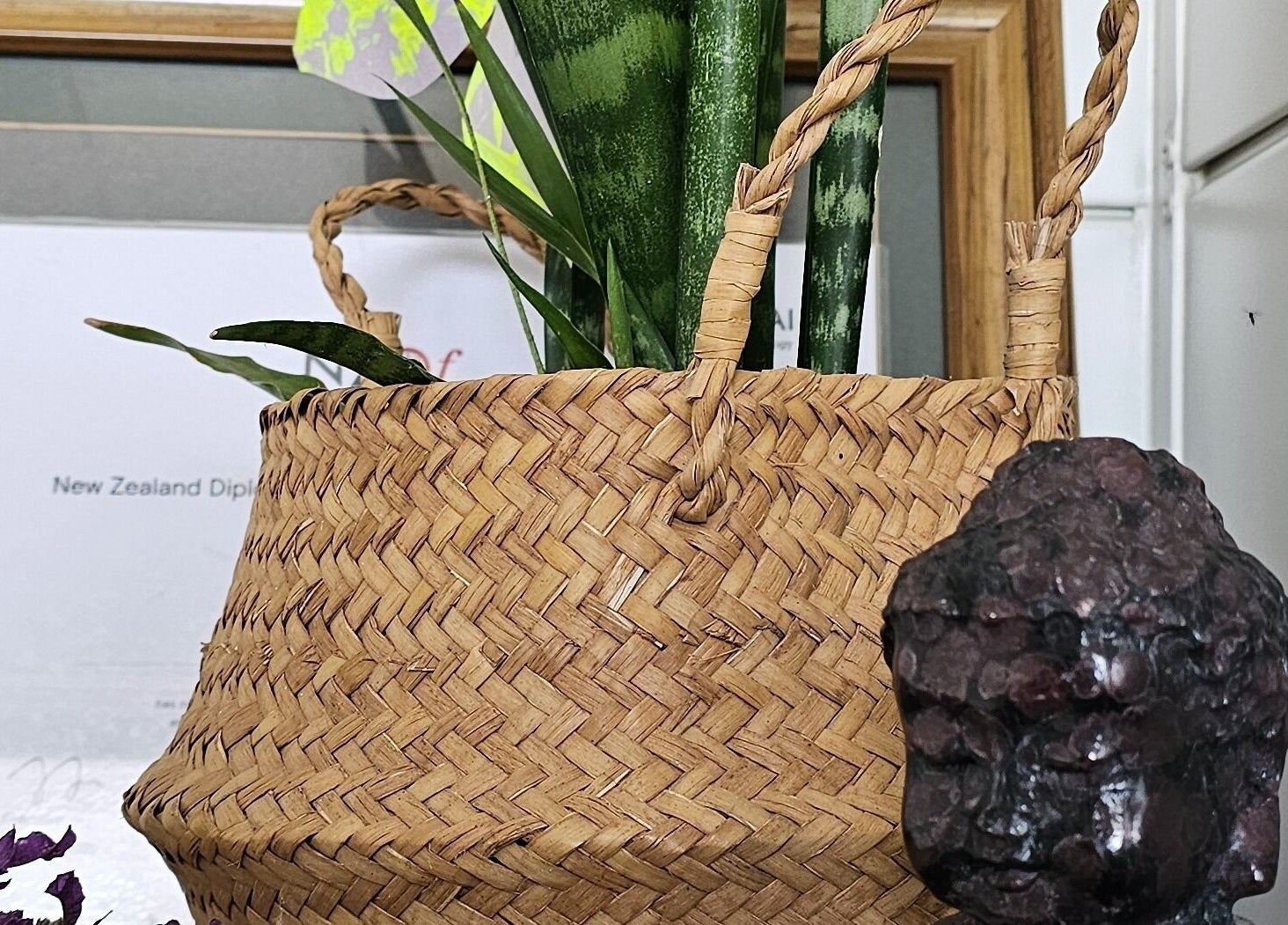 Wicker basket plant and sculpture decor at Wai Ora Spa Therapies, Pukenui, Northland Region, NZ.