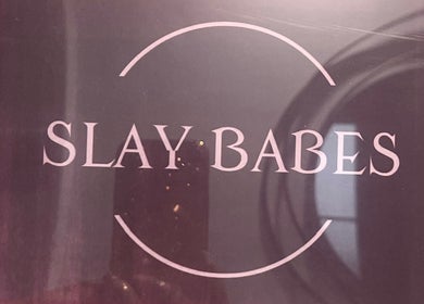 Chic 'Slay Babes' sign at Thee Hair Slayer, Sandy Springs, Georgia, US.