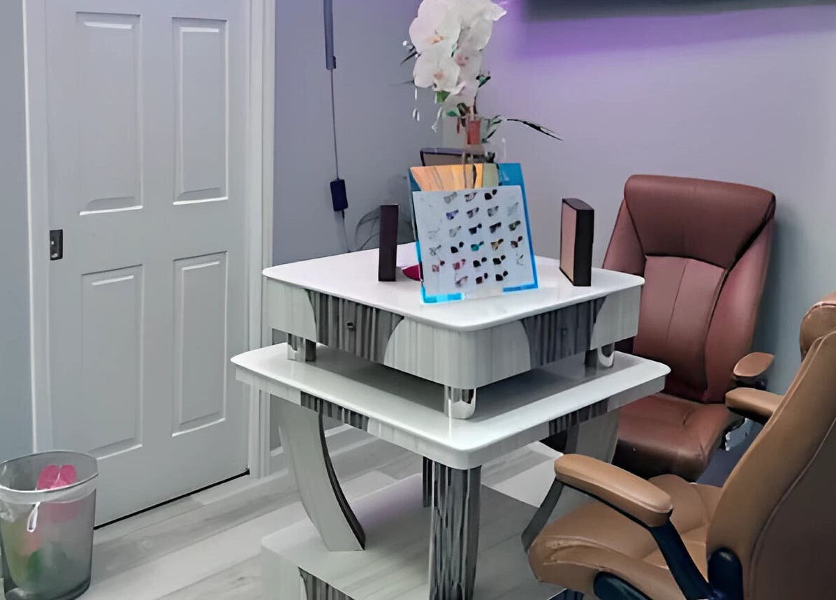Modern nail station at Scarlett's Salon Spa & Nails in Austin, Texas, US showcasing elegance and comfort.