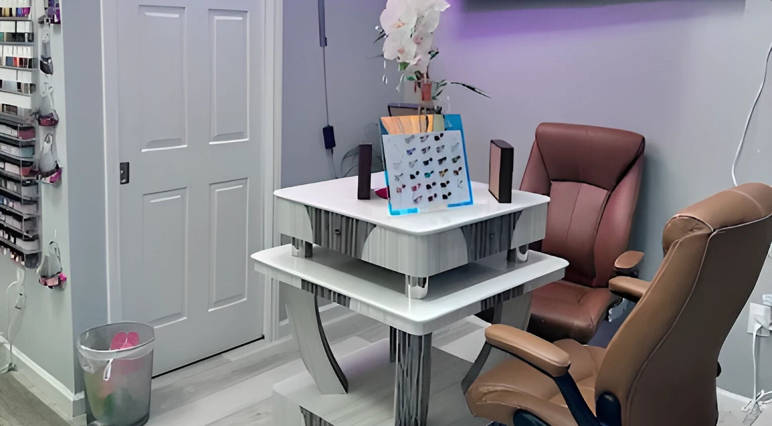 Modern nail station at Scarlett's Salon Spa & Nails in Austin, Texas, US showcasing elegance and comfort.