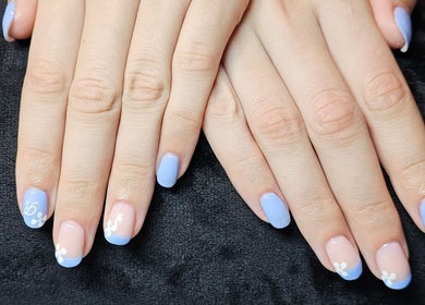 Elegant lavender nail art with floral designs at Elysian Beauty, Winton, Southland Region, NZ.