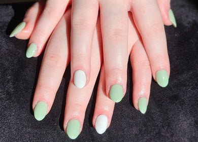 Stylish mint and white nails at Elysian Beauty, Winton, Southland Region, NZ.