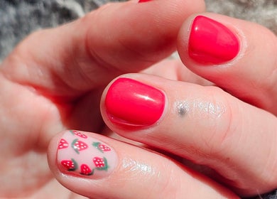 Stylish strawberry nail art at Elysian Beauty, Winton, Southland Region, NZ.
