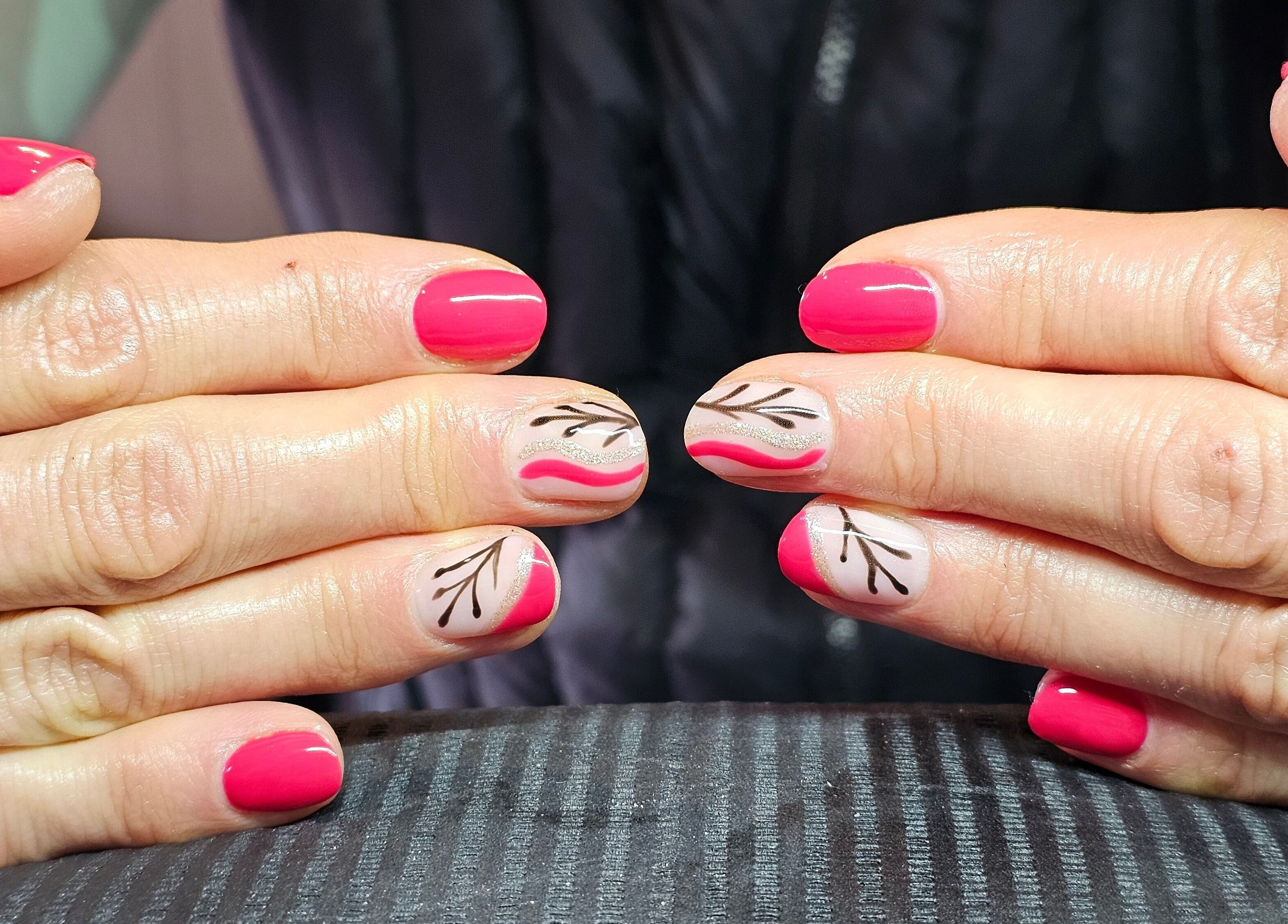 Creative floral nail art done at Elysian Beauty, Winton, Southland Region, NZ. Showcases unique pink and branch designs.