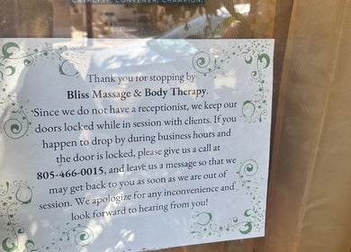 Notice on door at 805 Skin Plug Esthetics, Atascadero, California, US explaining locked door policy.