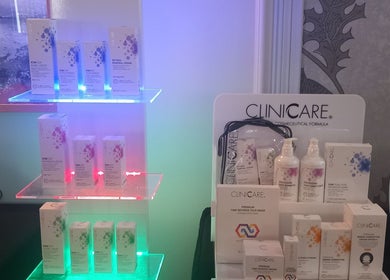 Clinicare skincare products elegantly showcased at CKB SKIN CLINIC, Glasgow, Scotland, GB.