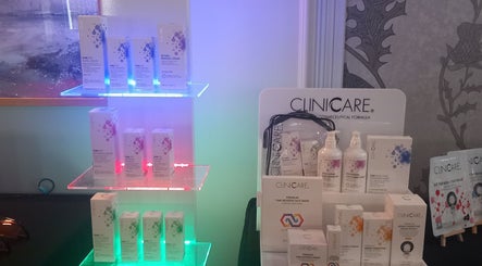 Clinicare skincare products elegantly showcased at CKB SKIN CLINIC, Glasgow, Scotland, GB.
