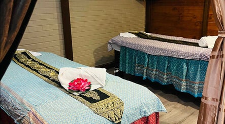 Two massage beds with intricate fabric at Peel Thai and Remedial Massage, Tamworth, New South Wales, AU.