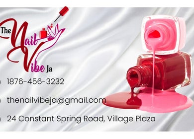 Logo and contact details of The Nail Vibe Ja, Kingston, St. Andrew Parish, JM with nail polish bottles.