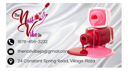 Logo and contact details of The Nail Vibe Ja, Kingston, St. Andrew Parish, JM with nail polish bottles.