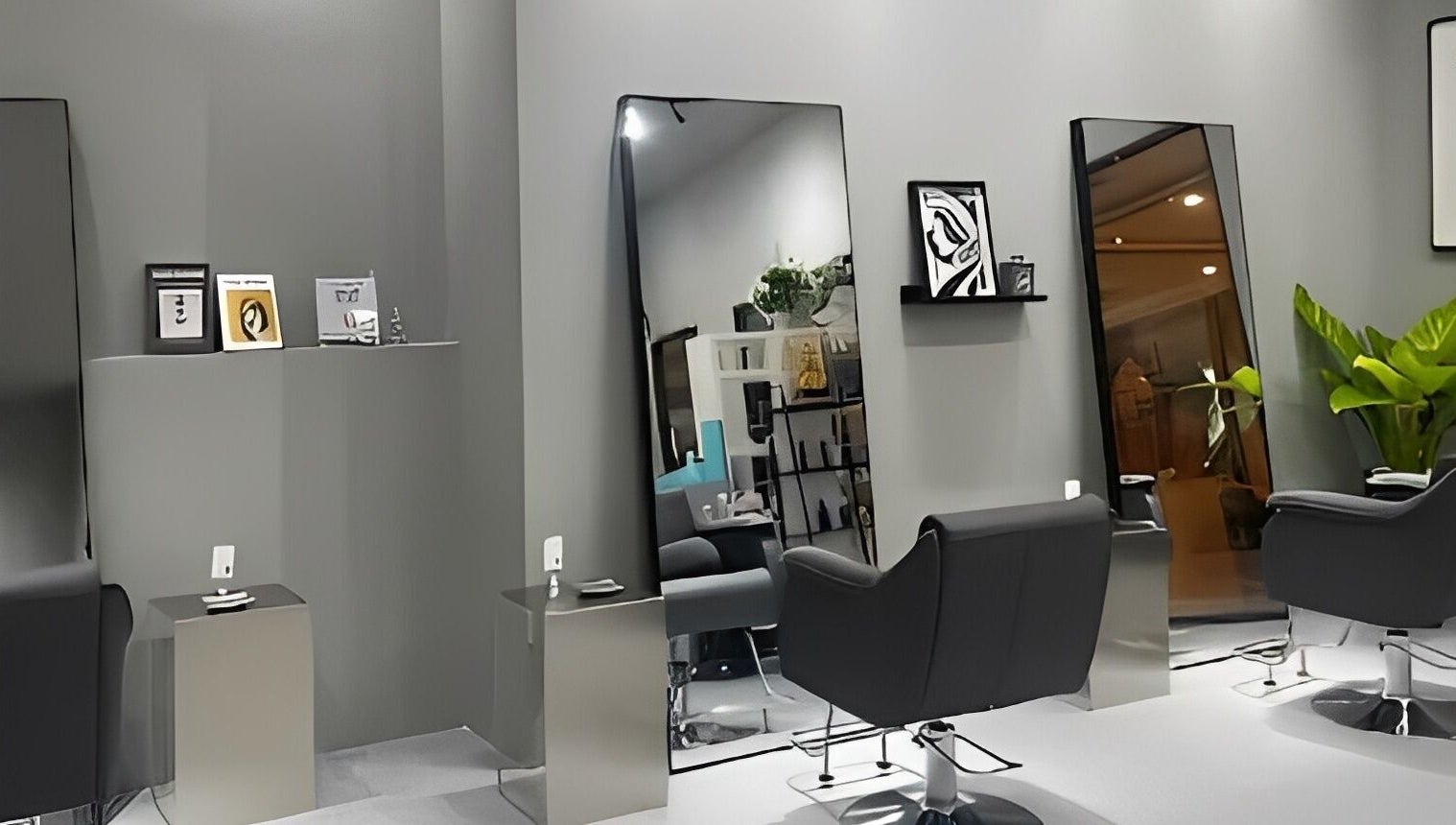 Sleek interior of Ciel Japanese Hair Studio, Khlong Toei, Bangkok, TH with modern styling chairs and large mirrors.