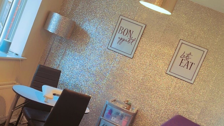 Glittery nail station at K & A Nails and Beauty, Hednesford, England, GB.