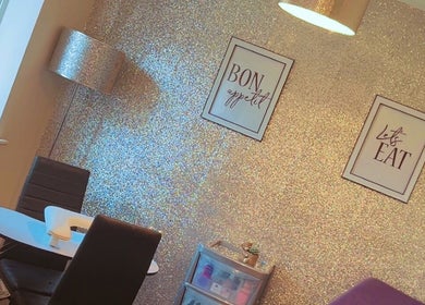 Glittery nail station at K & A Nails and Beauty, Hednesford, England, GB.